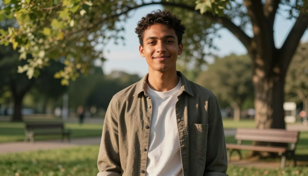 A non-binary individual stands confidently in a serene outdoor setting, embodying a sense of authenticity and warmth. They wear modest, stylish casual clothing, with a blend of colors that express individuality and creativity. The foreground features gentle sunlight filtering through soft, leafy trees, illuminating their face with a warm glow, highlighting their features in a positive, respectful manner. In the middle ground, a subtle indication of a welcoming park setting with soft grass and a few inviting benches can be seen. The background includes a hint of a calm, blue sky, enhancing the peaceful atmosphere. The overall mood of the image conveys respect, clarity, and openness, symbolizing the foundation of a relationship based on mutual understanding and value. The composition captures a sense of hope and connection.