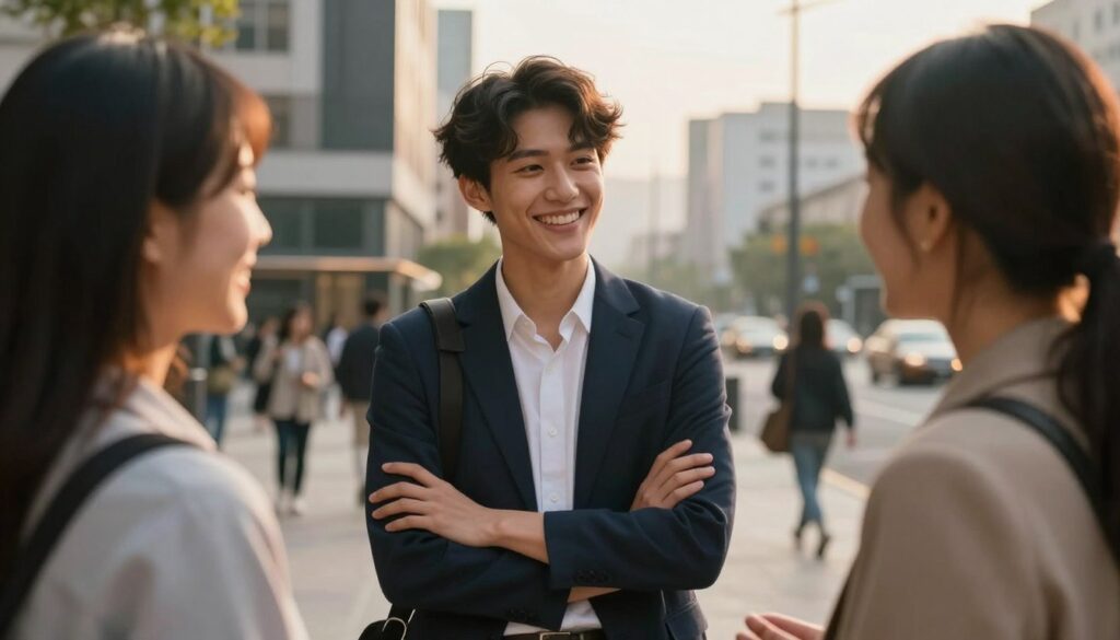 A non-binary person standing confidently in a modern urban setting, dressed in stylish, professional attire that blends traditionally masculine and feminine elements. The foreground features them engaging in a conversation with an interested friend, both smiling warmly, conveying a sense of connection and respect. In the background, a bustling cityscape can be seen with soft, golden hour lighting that casts a warm glow on the scene, enhancing the sense of community. The focus is on their expressive faces to emphasize the importance of communication and support in relationships. The atmosphere is inviting, promoting understanding and unity amidst social challenges. Use an 85mm lens for a flattering perspective that captures the essence of the moment.