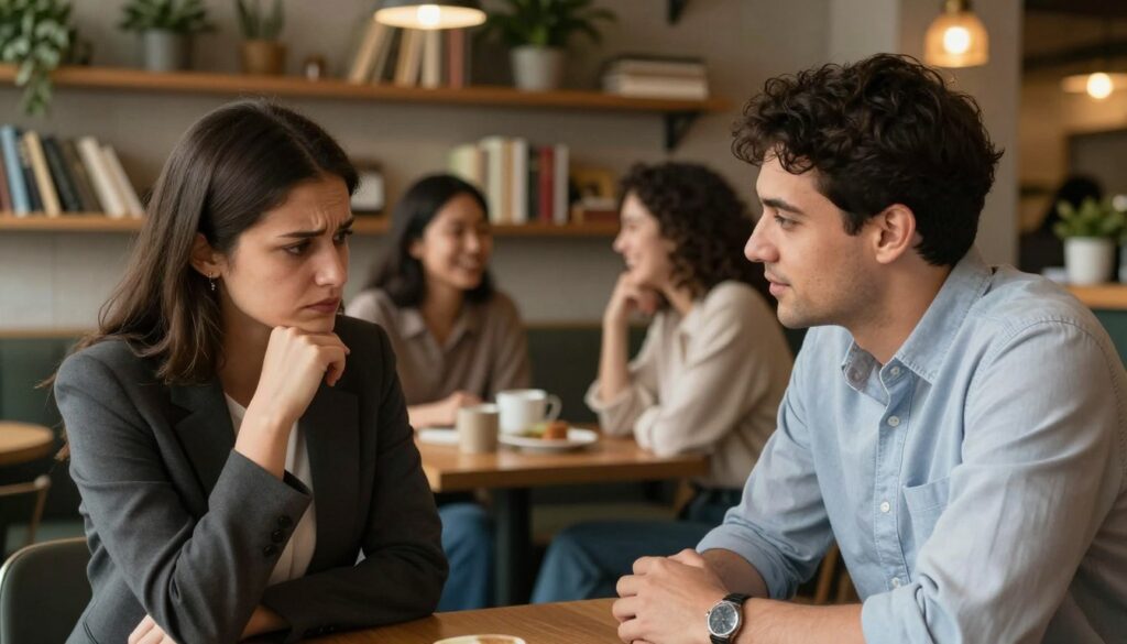 A pair of diverse couples engaging in a heartfelt conversation in a cozy, dimly-lit café setting, emphasizing their feelings about the pressure they feel from friends and family regarding their relationship status. The foreground showcases a thoughtful woman in professional attire, furrowing her brow in contemplation, while a compassionate man leans in attentively, dressed in smart casual clothing. In the middle ground, a blurred group of friends can be seen laughing and chatting, symbolizing social dynamics and external pressure. Soft, warm lighting bathes the scene, creating an intimate and reflective atmosphere, with a shallow depth of field focusing on the couple's expressions. In the background, shelves filled with books and plants add a sense of stability and growth, representing personal value amidst external expectations. A pair of diverse couples engaging in a heartfelt conversation in a cozy, dimly-lit café setting, emphasizing their feelings about the pressure they feel from friends and family regarding their relationship status. The foreground showcases a thoughtful woman in professional attire, furrowing her brow in contemplation, while a compassionate man leans in attentively, dressed in smart casual clothing. In the middle ground, a blurred group of friends can be seen laughing and chatting, symbolizing social dynamics and external pressure. Soft, warm lighting bathes the scene, creating an intimate and reflective atmosphere, with a shallow depth of field focusing on the couple's expressions. In the background, shelves filled with books and plants add a sense of stability and growth, representing personal value amidst external expectations.
