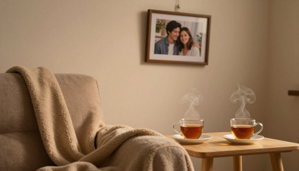 A peaceful, softly lit room that symbolizes a break in a romantic relationship. In the foreground, a cozy couch draped with a warm blanket, indicating comfort and reflection. In the middle, a small table with two steaming cups of tea, one half-empty, suggesting a recent conversation. On the background wall, a framed photograph of a happy couple is slightly askew, hinting at changes. The lighting is warm and intimate, casting gentle shadows that evoke a contemplative mood. The overall atmosphere should reflect a mix of longing and introspection, capturing the essence of temporary separation. The scene must not include any human figures, ensuring a focus on the environment and its emotional resonance.