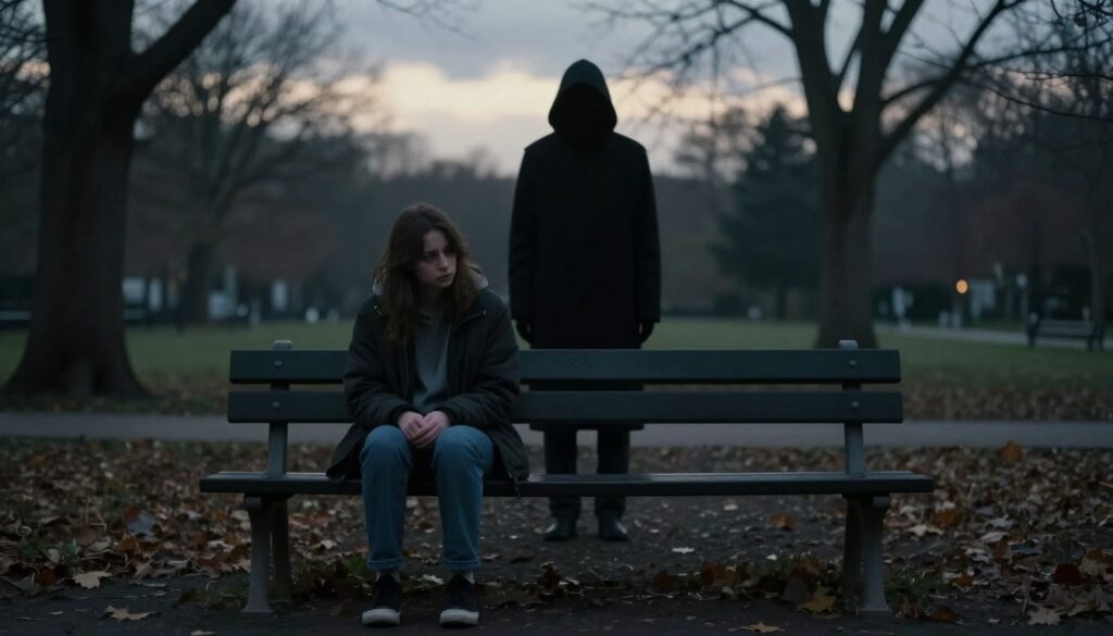 A poignant scene depicting the mechanisms of fear of loneliness and rejection. In the foreground, a person sits alone on a park bench, dressed in modest casual clothing, gazing thoughtfully at the ground with a melancholic expression. In the middle, a shadowy figure looms behind them, representing the fear and anxiety related to isolation. The background features a dimly lit park environment with soft, overcast lighting, enhancing the somber mood. The trees are bare, and fallen leaves scatter on the ground, symbolizing loss and neglect. The overall atmosphere is one of introspection and tension, with a hint of hope represented by a distant, soft light breaking through the clouds. The composition should focus on evoking a deep emotional response without any textual elements. A poignant scene depicting the mechanisms of fear of loneliness and rejection. In the foreground, a person sits alone on a park bench, dressed in modest casual clothing, gazing thoughtfully at the ground with a melancholic expression. In the middle, a shadowy figure looms behind them, representing the fear and anxiety related to isolation. The background features a dimly lit park environment with soft, overcast lighting, enhancing the somber mood. The trees are bare, and fallen leaves scatter on the ground, symbolizing loss and neglect. The overall atmosphere is one of introspection and tension, with a hint of hope represented by a distant, soft light breaking through the clouds. The composition should focus on evoking a deep emotional response without any textual elements.