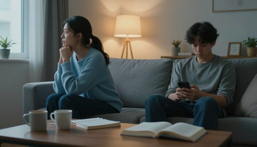A poignant scene depicting two partners sitting on opposite ends of a cozy living room, illustrating emotional distance. The foreground features a slightly blurred coffee table strewn with untouched cups and a half-read book, emphasizing the disconnect. In the middle, the partners appear deep in thought: one partner is gazing out the window pensively, dressed in a light blue sweater, while the other is looking down at their phone, wearing a casual grey shirt. In the background, warm ambient lighting from a floor lamp casts a soft glow, contrasting with the cool colors of the room. The overall atmosphere is contemplative and somber, capturing the essence of distance and absence of warmth in their relationship. A poignant scene depicting two partners sitting on opposite ends of a cozy living room, illustrating emotional distance. The foreground features a slightly blurred coffee table strewn with untouched cups and a half-read book, emphasizing the disconnect. In the middle, the partners appear deep in thought: one partner is gazing out the window pensively, dressed in a light blue sweater, while the other is looking down at their phone, wearing a casual grey shirt. In the background, warm ambient lighting from a floor lamp casts a soft glow, contrasting with the cool colors of the room. The overall atmosphere is contemplative and somber, capturing the essence of distance and absence of warmth in their relationship.
