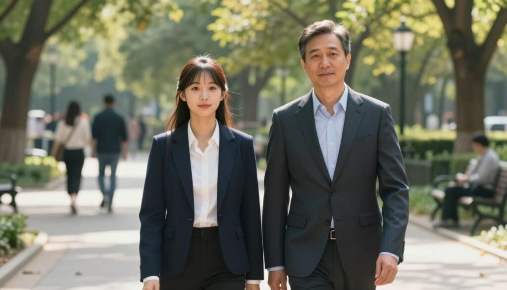 A professional and engaging image depicting a 15-year age difference in a romantic relationship. In the foreground, a couple stands side by side, with the older partner in a smart business suit and the younger partner dressed in smart casual attire, both displaying comfortable body language. In the middle ground, a park setting with trees and soft sunlight filtering through the leaves creates a serene atmosphere. In the background, blurred silhouettes of people walking, symbolizing societal perspectives surrounding age differences in relationships. The scene is well-lit, suggesting a warm and inviting mood, captured from a slightly elevated angle to emphasize harmony and connection between the two figures without any distractions.