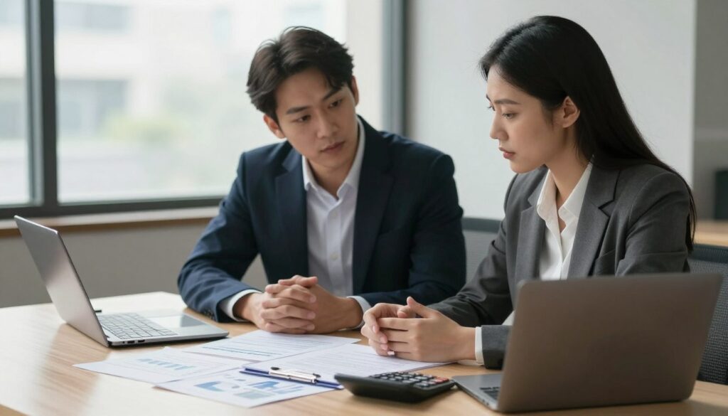 A professional and serene office setting depicting two individuals engaged in a serious discussion about financial settlements following a relationship. The foreground features a round table with detailed financial documents, a calculator, and a laptop open, symbolizing the analysis of assets. In the middle, two figures—a man and a woman—are dressed in professional business attire, leaning slightly forward with focused expressions, indicating a collaborative atmosphere. The background shows a large window with soft, natural lighting filtering in, illuminating the room and creating a calm, neutral color palette. The overall mood is serious yet respectful, conveying the complexity of asset division in an amicable manner. A professional and serene office setting depicting two individuals engaged in a serious discussion about financial settlements following a relationship. The foreground features a round table with detailed financial documents, a calculator, and a laptop open, symbolizing the analysis of assets. In the middle, two figures—a man and a woman—are dressed in professional business attire, leaning slightly forward with focused expressions, indicating a collaborative atmosphere. The background shows a large window with soft, natural lighting filtering in, illuminating the room and creating a calm, neutral color palette. The overall mood is serious yet respectful, conveying the complexity of asset division in an amicable manner.