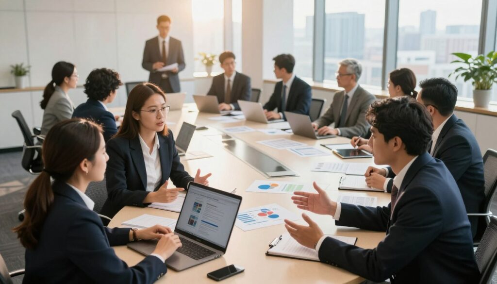 A professional meeting room setting bustling with diverse individuals engaged in discussions about organizational challenges. Foreground: a group of three people—two women and one man—dressed in smart business attire, animatedly exchanging ideas, with a laptop and a notepad on the table in front of them. Middle ground: an elegant conference table surrounded by chairs, with charts and documents scattered across the surface, symbolizing brainstorming and collaboration. Background: large windows letting in warm, soft natural light, showcasing a view of a city skyline. The atmosphere should feel dynamic yet focused, conveying a sense of teamwork and the complexities of daily organizational life. Use a wide-angle lens to capture the entire scene, ensuring a bright and inviting mood.