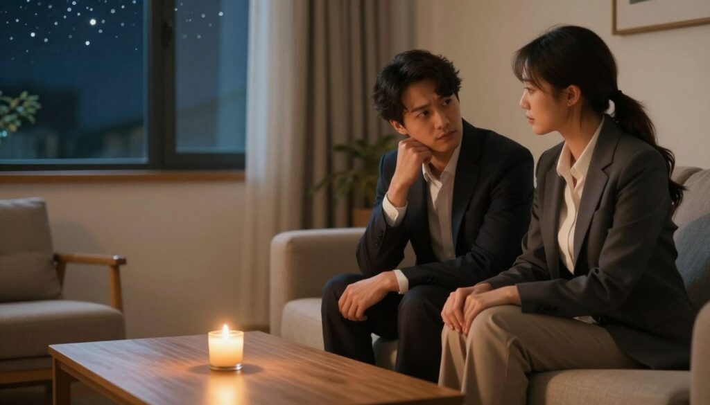 A reflective scene depicting an intimate conversation between a couple in a cozy, softly lit room. In the foreground, a man and woman are sitting on a comfortable couch, dressed in professional business attire, their expressions showing vulnerability and hope. The middle ground features a warm coffee table with a lit candle, symbolizing the potential for rekindling their relationship. In the background, a window reveals a tranquil night scene with stars twinkling, suggesting the possibility of new beginnings. The lighting is soft and warm, creating an atmosphere of intimacy and introspection. The composition is slightly angled downward, focusing on the couple's emotional expressions and the gentle ambiance of the setting.