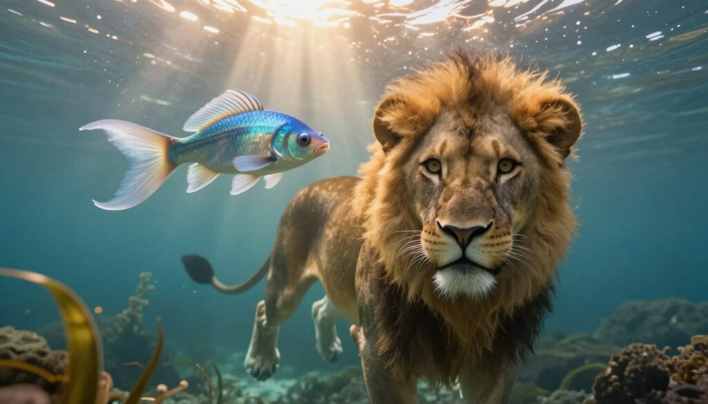 A regal lioness and a dreamy fish swim gracefully in a tranquil underwater scene, embodying the essence of romance. In the foreground, the lioness, adorned with a golden mane and deep, expressive eyes, floats serenely, her gaze inviting and warm. The fish, an ethereal character with flowing fins, glimmers in soft shades of blue and silver, darting playfully around her. The middle ground features gently swaying sea plants, creating a sense of movement and depth. In the background, soft beams of sunlight filter through the surface of the water, casting a warm, golden glow over the scene. The atmosphere is serene and enchanting, evoking feelings of connection, intimacy, and emotional depth, perfect for illustrating a profound relationship. The composition captures a moment of unity and harmony between two different worlds.