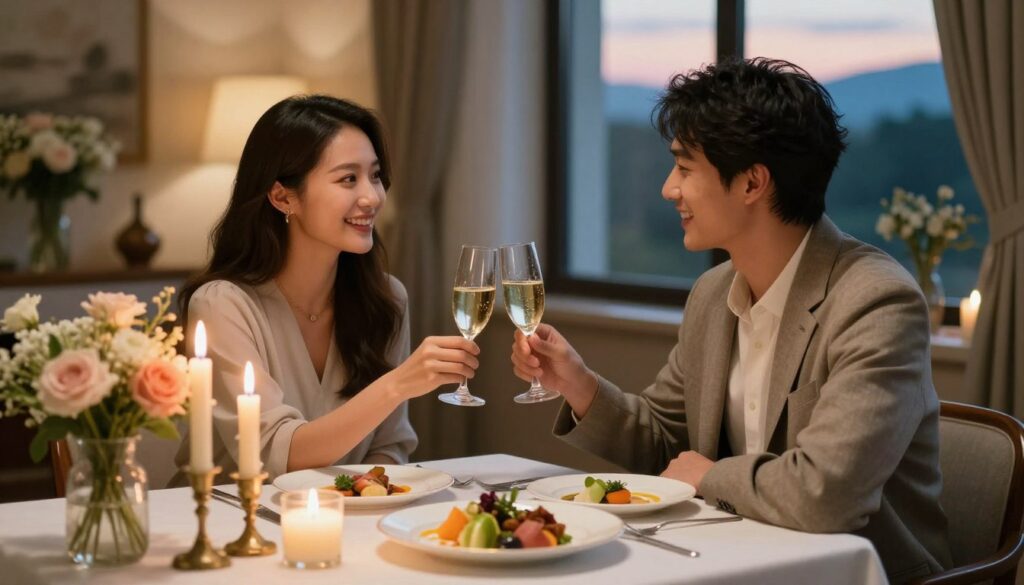 A romantic anniversary celebration scene set in an elegant dining room, featuring a beautifully set table adorned with soft candlelight and fresh flowers. In the foreground, a couple dressed in smart casual attire, sharing a toast with sparkling wine, their smiles radiating love and warmth. In the middle, a gourmet meal displayed on the table, showcasing vibrant colors and artistic plating, enhancing the intimate atmosphere. The background is softly blurred, revealing tasteful decor and a window with a picturesque evening view, where dusk casts a warm glow. The lighting is soft and inviting, creating a cozy, enchanting ambiance that reflects genuine connection and celebration. A romantic anniversary celebration scene set in an elegant dining room, featuring a beautifully set table adorned with soft candlelight and fresh flowers. In the foreground, a couple dressed in smart casual attire, sharing a toast with sparkling wine, their smiles radiating love and warmth. In the middle, a gourmet meal displayed on the table, showcasing vibrant colors and artistic plating, enhancing the intimate atmosphere. The background is softly blurred, revealing tasteful decor and a window with a picturesque evening view, where dusk casts a warm glow. The lighting is soft and inviting, creating a cozy, enchanting ambiance that reflects genuine connection and celebration.