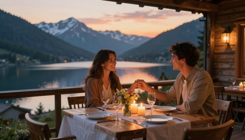 A romantic anniversary getaway scene set in a cozy mountainside cabin during golden hour. In the foreground, a beautifully set rustic wooden table is adorned with an elegant white tablecloth, flickering candles, and a small bouquet of wildflowers. In the middle ground, a couple dressed in modest casual clothing, smiling and holding hands, sit across from each other, basking in the warm glow of candlelight. The background features a picturesque view of snow-capped mountains and a serene lake reflecting the vibrant colors of the sunset sky. Soft, diffused lighting creates a warm and intimate atmosphere, perfect for rekindling connections and celebrating love. The scene conveys tranquility and romance, inviting viewers to imagine the joy of a heartfelt anniversary celebration. A romantic anniversary getaway scene set in a cozy mountainside cabin during golden hour. In the foreground, a beautifully set rustic wooden table is adorned with an elegant white tablecloth, flickering candles, and a small bouquet of wildflowers. In the middle ground, a couple dressed in modest casual clothing, smiling and holding hands, sit across from each other, basking in the warm glow of candlelight. The background features a picturesque view of snow-capped mountains and a serene lake reflecting the vibrant colors of the sunset sky. Soft, diffused lighting creates a warm and intimate atmosphere, perfect for rekindling connections and celebrating love. The scene conveys tranquility and romance, inviting viewers to imagine the joy of a heartfelt anniversary celebration.