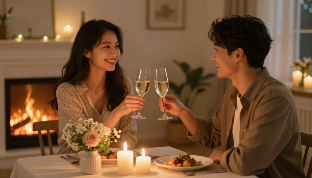 A romantic scene depicting a couple celebrating their anniversary in a cozy, softly lit setting. In the foreground, a beautifully arranged candlelit table with elegant dinnerware and a small bouquet of fresh flowers. The middle ground features the couple, dressed in stylish yet modest attire, sharing a joyful moment as they toast with glasses of sparkling wine. In the background, a softly glowing fireplace adds warmth to the atmosphere, with subtle fairy lights illuminating the room. The lighting is warm and inviting, creating a sense of intimacy and connection. The overall mood is celebratory and affectionate, emphasizing the joy of togetherness in a serene environment.