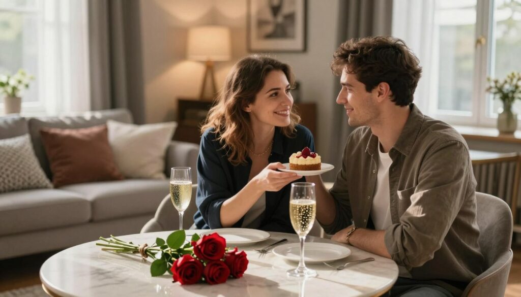 A romantic setting for "Dzień Chłopaka," featuring a cozy, intimate atmosphere. In the foreground, a stylishly set table adorned with a small bouquet of red roses and two elegant glasses of sparkling juice. In the middle ground, a couple is seated, dressed in smart casual attire, smiling at each other while sharing a dessert. Soft natural light filters through a nearby window, casting gentle shadows and a warm glow across the scene. In the background, a tastefully decorated living room with cozy cushions and soft lighting creates a relaxed yet festive vibe. The overall mood is one of affection and celebration, perfect for marking this special day in a meaningful way.
