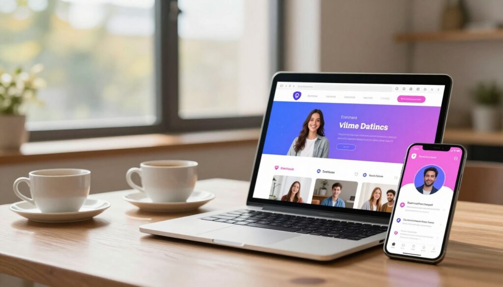A secure and modern online dating platform interface displayed on a laptop and smartphone, symbolizing safety in digital interactions. In the foreground, two devices showcase vibrant, user-friendly dating profiles with visible security features like shields and locks. The middle ground features a cozy, inviting workspace with a soft-focus coffee cup, suggesting comfort and connection. In the background, a large window reveals a sunny day, casting warm natural light into the room, enhancing the atmosphere of trust and openness. The scene conveys a serene yet engaging environment, promoting the idea of safe and respectful online dating. The overall mood is positive and reassuring, emphasizing the importance of safety and guidelines in dating services.