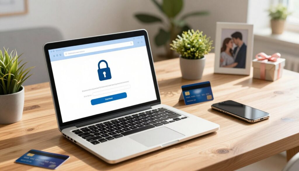 A secure online payment concept illustrated as a vibrant digital workspace. In the foreground, a modern laptop displaying a payment confirmation page with a lock symbol, symbolizing security. Surrounding the laptop are items like a credit card and a smartphone, seamlessly representing various payment methods. In the middle ground, a warm and inviting workspace with a wooden desk and potted plants, creating a homely yet professional atmosphere. In the background, soft-focus decorative elements hint at a romantic setting, such as a framed photo of a couple and a small anniversary gift. The lighting is bright and warm, casting gentle shadows, and the angle is slightly above eye level, allowing for an engaging perspective. The overall mood is reassuring, emphasizing trust and safety in financial transactions. A secure online payment concept illustrated as a vibrant digital workspace. In the foreground, a modern laptop displaying a payment confirmation page with a lock symbol, symbolizing security. Surrounding the laptop are items like a credit card and a smartphone, seamlessly representing various payment methods. In the middle ground, a warm and inviting workspace with a wooden desk and potted plants, creating a homely yet professional atmosphere. In the background, soft-focus decorative elements hint at a romantic setting, such as a framed photo of a couple and a small anniversary gift. The lighting is bright and warm, casting gentle shadows, and the angle is slightly above eye level, allowing for an engaging perspective. The overall mood is reassuring, emphasizing trust and safety in financial transactions.
