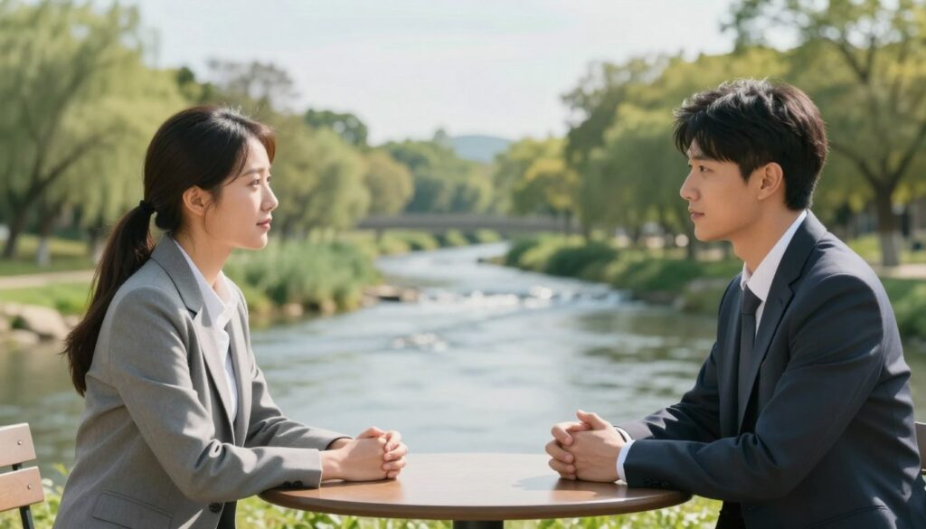A serene and balanced scene illustrating emotional stability in relationships. In the foreground, two individuals, a man and a woman, dressed in professional business attire, are sitting across from each other at a small table, their expressions calm and focused as they engage in deep conversation. In the middle ground, a gently flowing river symbolizes the flow of emotions, flanked by harmonious greenery. The background features softly blurred trees under a bright, clear sky, symbolizing clarity and tranquility. Natural, warm lighting bathes the scene, creating a peaceful and inviting atmosphere. The composition captures the essence of balanced emotional connection and mutual understanding, conveying a sense of safety and stability in the partnership.