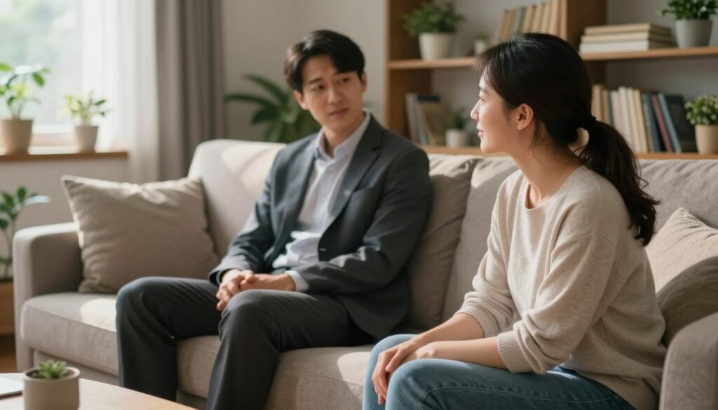 A serene and comforting scene depicting a supportive conversation between two individuals in a cozy living room. In the foreground, a woman in modest casual clothing is sitting on a plush sofa, leaning slightly forward, her expression warm and understanding as she listens. In the middle ground, a man is seated across from her, appearing vulnerable yet safe, dressed in professional business attire, showing a mix of relief and gratitude. Soft, natural lighting filters through a nearby window, casting gentle shadows that enhance the intimate atmosphere. In the background, shelves filled with books and plants create a nurturing environment, symbolizing growth and emotional support. The overall mood is one of compassion, connection, and emotional safety, embodying the essence of supporting a partner while maintaining personal well-being.