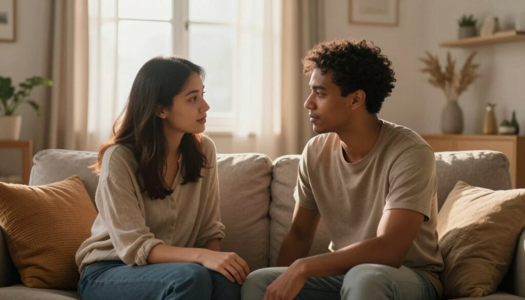 A serene and connected scene representing the concept of "well-being in relationships." In the foreground, depict a diverse couple engaged in a heartfelt conversation, sitting on a cozy couch, both dressed in modest casual clothing. Their expressions show empathy and understanding. In the middle ground, include elements of a warm, inviting living room with soft textures like plush cushions and warm-toned decor. The background features a softly lit window with gentle sunlight filtering through sheer curtains, casting a warm glow over the space. The overall mood should convey a sense of emotional closeness and support, emphasizing harmony and connection. Use soft focus to enhance intimacy, and ensure the composition conveys warmth and a safe atmosphere, inviting viewers to reflect on the importance of emotional well-being in relationships. A serene and connected scene representing the concept of "well-being in relationships." In the foreground, depict a diverse couple engaged in a heartfelt conversation, sitting on a cozy couch, both dressed in modest casual clothing. Their expressions show empathy and understanding. In the middle ground, include elements of a warm, inviting living room with soft textures like plush cushions and warm-toned decor. The background features a softly lit window with gentle sunlight filtering through sheer curtains, casting a warm glow over the space. The overall mood should convey a sense of emotional closeness and support, emphasizing harmony and connection. Use soft focus to enhance intimacy, and ensure the composition conveys warmth and a safe atmosphere, inviting viewers to reflect on the importance of emotional well-being in relationships.