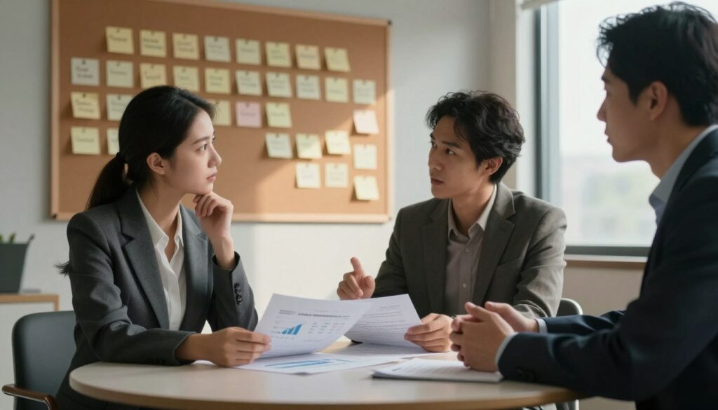A serene and contemplative office environment, featuring a round table in the foreground with two professionals engaged in a deep conversation. One individual is a woman in a smart business attire, thoughtfully examining a series of papers spread out before her, which depict graphs and charts of behavioral patterns. The other individual, a man wearing a tailored suit, gestures towards a corkboard in the background filled with sticky notes representing toxic behavior patterns. Soft, diffused natural light streams in from a window, casting gentle shadows. The atmosphere is reflective and serious, emphasizing awareness and understanding in their discussion about recognizing toxic behavior patterns in relationships. The color palette is muted with warm tones to evoke a sense of calm and introspection.
