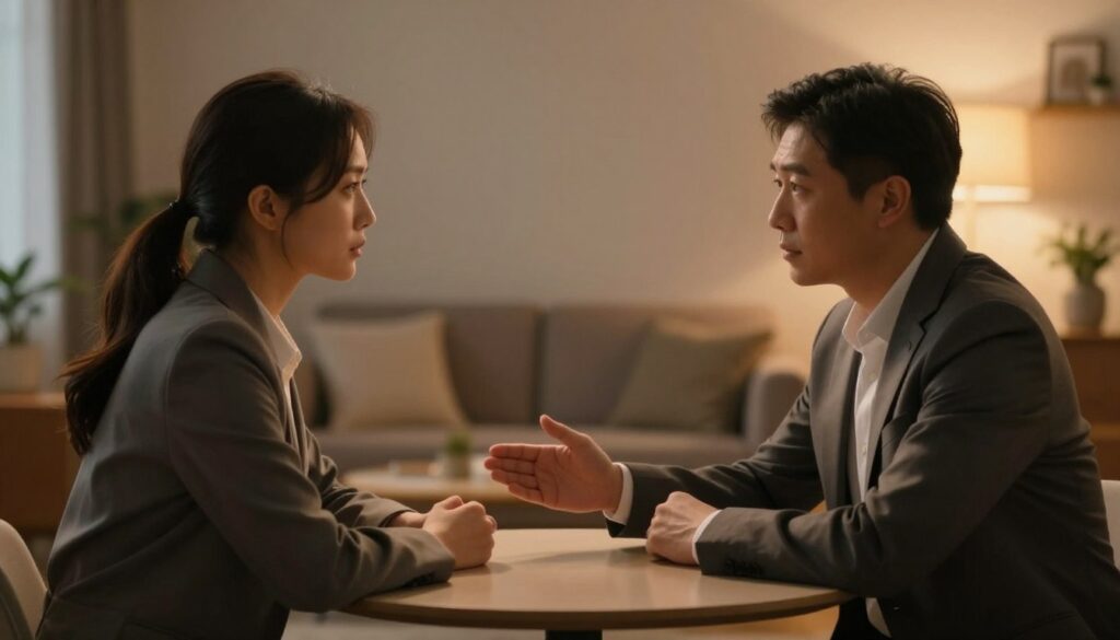 A serene and contemplative scene illustrating "respect and empathy" within a relationship crisis. In the foreground, two adults in professional business attire sit at a small table, facing each other. Their expressions convey deep understanding and compassion as they share a moment of connection, with one reaching out gently to the other. In the middle ground, soft, warm lighting creates an inviting atmosphere, enhancing the emotional intensity of the moment. The background features blurred silhouettes of a comforting living space, with warm tones and subtle décor that evoke a sense of safety and intimacy. The overall mood is reflective and supportive, emphasizing the themes of understanding and reconciliation in difficult times. A serene and contemplative scene illustrating "respect and empathy" within a relationship crisis. In the foreground, two adults in professional business attire sit at a small table, facing each other. Their expressions convey deep understanding and compassion as they share a moment of connection, with one reaching out gently to the other. In the middle ground, soft, warm lighting creates an inviting atmosphere, enhancing the emotional intensity of the moment. The background features blurred silhouettes of a comforting living space, with warm tones and subtle décor that evoke a sense of safety and intimacy. The overall mood is reflective and supportive, emphasizing the themes of understanding and reconciliation in difficult times.