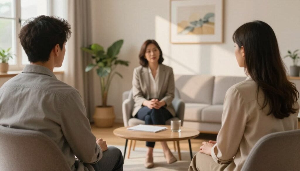 A serene and contemplative therapy session setting focusing on emotional schemas in relationships. In the foreground, a warm-toned room features two individuals seated across from each other, a man and a woman, both dressed in professional business attire, deeply engaged in conversation. The middle ground showcases a therapist, a middle-aged woman, facilitating the discussion with supportive body language. The background is adorned with soothing artwork and plants, evoking a sense of healing and connection. Soft, natural lighting filters through a window, casting gentle shadows and creating a calm atmosphere. The overall mood is reflective and introspective, capturing the essence of emotional traps in relationships and the transformative power of schema therapy.