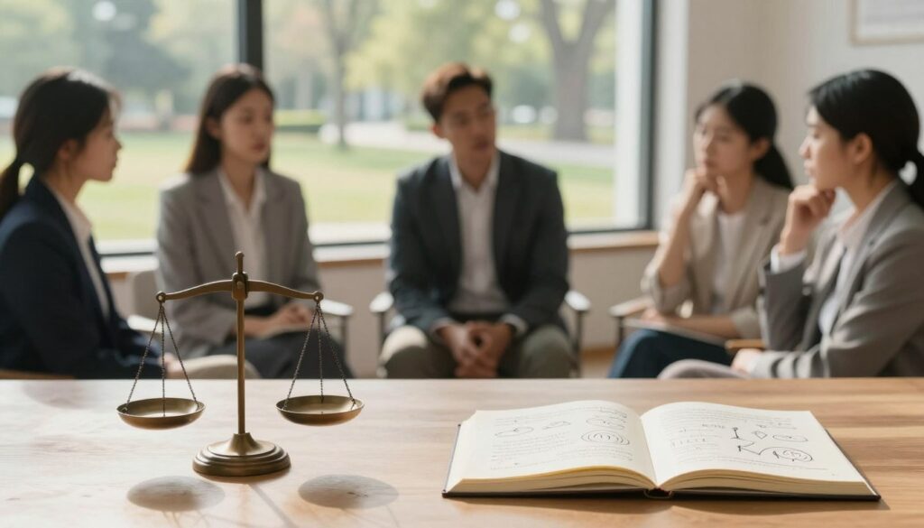 A serene and contemplative workspace is depicted in the foreground, featuring a balanced scale symbolizing harmony alongside an open notebook filled with notes and sketches on emotional challenges. In the middle, a diverse group of individuals, dressed in professional attire, engage in a thoughtful discussion, showcasing expressions of empathy and concern as they navigate daily life challenges. The background includes a soft-focus window revealing a tranquil park setting, bathed in warm, natural light that filters through. Soft shadows play across the scene, enhancing the mood of introspection and collaboration. This image captures the essence of addressing emotional challenges in daily life, emphasizing support and connection among individuals. A serene and contemplative workspace is depicted in the foreground, featuring a balanced scale symbolizing harmony alongside an open notebook filled with notes and sketches on emotional challenges. In the middle, a diverse group of individuals, dressed in professional attire, engage in a thoughtful discussion, showcasing expressions of empathy and concern as they navigate daily life challenges. The background includes a soft-focus window revealing a tranquil park setting, bathed in warm, natural light that filters through. Soft shadows play across the scene, enhancing the mood of introspection and collaboration. This image captures the essence of addressing emotional challenges in daily life, emphasizing support and connection among individuals.