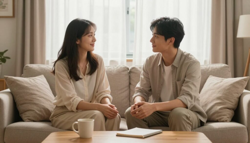 A serene and cozy living room setting as the foreground, featuring a couple sitting closely on a comfortable sofa, both dressed in modest casual clothing. They engage in a heartfelt conversation, showcasing warmth and understanding, with gentle smiles and open body language. In the middle, a small coffee table holds a mug and a notepad, symbolizing open communication. The background features soft, warm lighting filtering through a window adorned with sheer curtains, creating a calm and inviting atmosphere. The overall mood is one of connection and trust, with soft colors like warm beige and pastel accents to evoke a sense of intimacy and safety. The image captures the essence of rebuilding a bond through communication. A serene and cozy living room setting as the foreground, featuring a couple sitting closely on a comfortable sofa, both dressed in modest casual clothing. They engage in a heartfelt conversation, showcasing warmth and understanding, with gentle smiles and open body language. In the middle, a small coffee table holds a mug and a notepad, symbolizing open communication. The background features soft, warm lighting filtering through a window adorned with sheer curtains, creating a calm and inviting atmosphere. The overall mood is one of connection and trust, with soft colors like warm beige and pastel accents to evoke a sense of intimacy and safety. The image captures the essence of rebuilding a bond through communication.