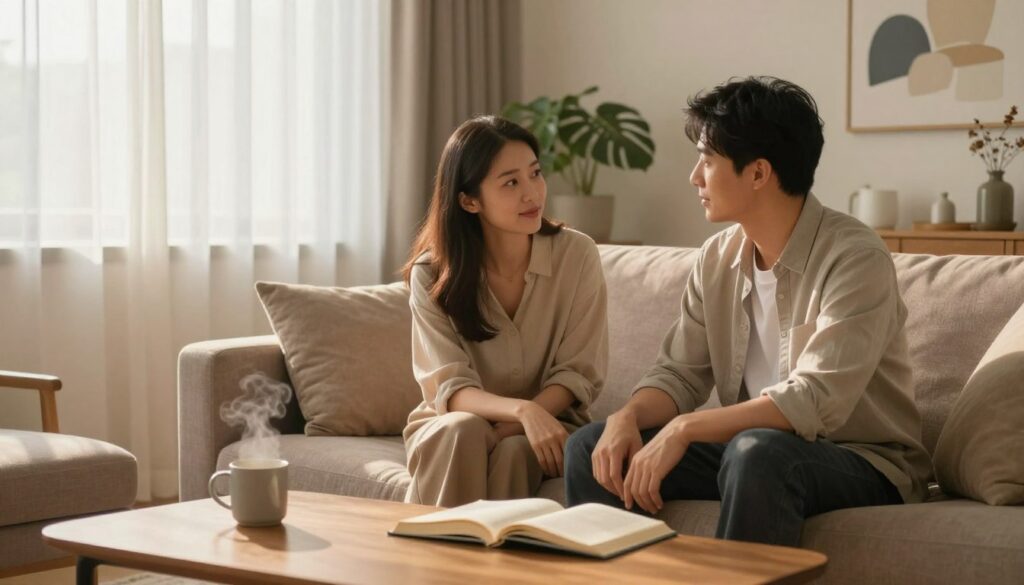 A serene and cozy living room setting, softly lit with warm, inviting light filtering through sheer curtains. In the foreground, a couple sits together on a plush sofa, engaged in a relaxed conversation, showcasing body language that expresses comfort and trust. The woman, dressed in a modest casual outfit, looks at the man attentively, who is in a simple yet professional attire. In the middle, a coffee table holds a steaming mug and an open book, symbolizing shared interests and intimacy. The background features tasteful decorations like plants and abstract art, enhancing the atmosphere of connection and understanding. The overall mood is warm and inviting, highlighting the theme of emotional readiness and mutual comfort in a relationship.
