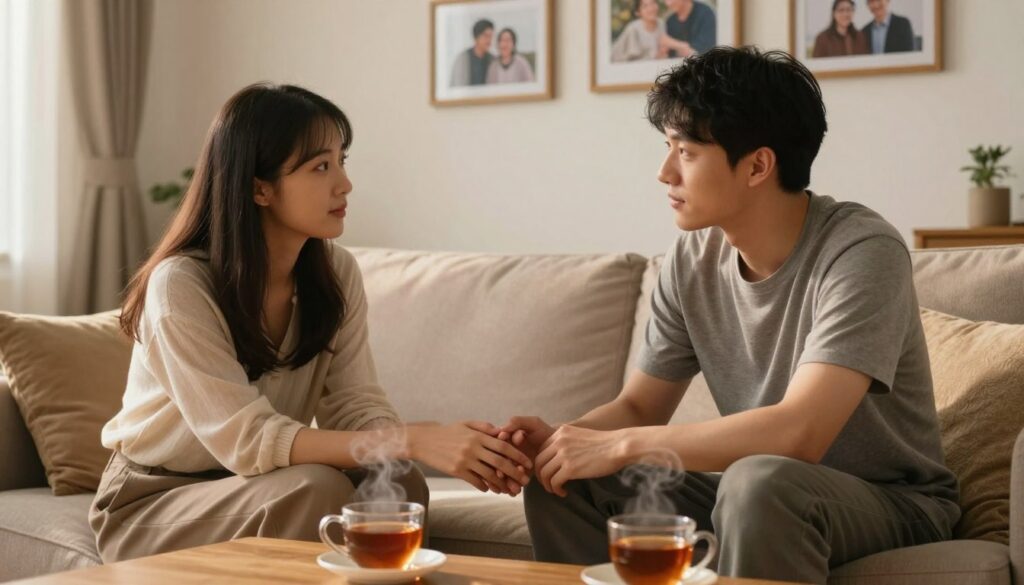 A serene and cozy setting showcasing a couple sitting close together on a comfortable couch in a warmly lit living room. The foreground features their hands gently touching, symbolizing connection and intimacy. In the middle ground, a small coffee table holds two steaming cups of tea, indicating a moment of shared conversation. The background reveals soft, ambient lighting with framed photographs of happy memories hanging on the wall, creating a sense of nostalgia and warmth. The atmosphere is calm and inviting, encouraging open communication. Both individuals are dressed in modest casual clothing, exuding a feeling of comfort and openness, as they engage in a heartfelt conversation, reflecting empathy and understanding in their expressions.