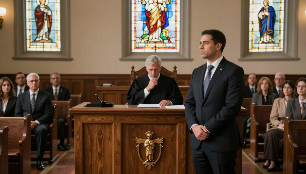 A serene and elegant scene depicting a Catholic Diocesan Courtroom, focusing on a wooden legal bench adorned with religious symbols, framed by traditional stained glass windows casting colorful light across the room. In the foreground, a strong figure in professional business attire stands confidently, representing legal counsel, contemplating a case file. The middle ground features a judge, dressed in a black robe, seated behind the bench with a thoughtful expression. In the background, rows of wooden pews filled with diverse individuals dressed in modest, respectful attire, reflecting a sense of community and solemnity. Soft, diffused lighting creates a warm and contemplative atmosphere, enhancing the significance of legal proceedings in matters of marriage. The overall mood is one of gravitas and sincerity, emphasizing the emotional weight of the legal considerations at hand.