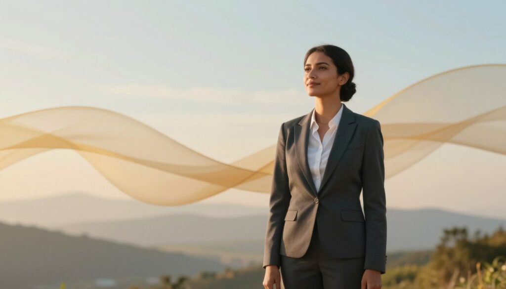 A serene and empowering scene illustrating the concept of self-worth. In the foreground, a confident individual standing tall, dressed in professional business attire, with a gentle yet determined expression. The middle ground features soft, flowing abstract shapes symbolizing emotional strength and resilience, with warm hues of gold and blue blending harmoniously. In the background, a tranquil landscape with soft, diffused lighting creating an uplifting atmosphere, suggesting hope and clarity. The focus should be sharp on the individual while maintaining a slightly blurred background to enhance the sense of depth. The overall mood conveys positivity, empowerment, and emotional balance, effectively representing the theme of coping strategies against manipulation.