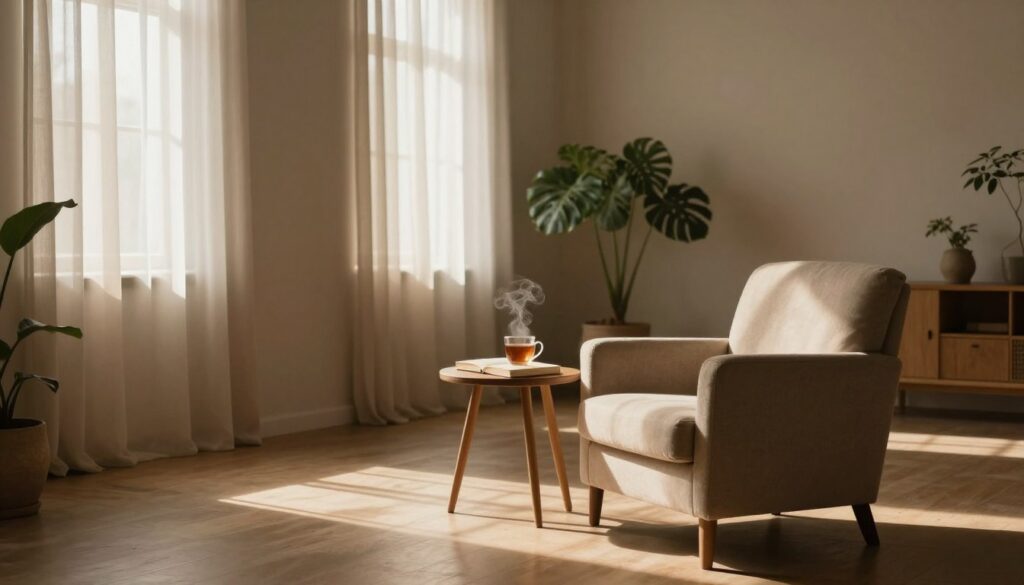 A serene and expansive space that evokes feelings of longing and introspection. In the foreground, a large, inviting armchair facing a tall window, bathed in soft, warm sunlight filtering through sheer curtains. The middle ground features a small table with a book and a steaming cup of tea, suggesting a moment of quiet reflection. In the background, a minimalist room decorated with plants and warm earth tones, creating an atmosphere of comfort and tranquility. Soft shadows play on the walls, illuminated by gentle light, enhancing the sense of depth. The overall mood is calm and contemplative, inviting viewers to connect with the longing for solitude and personal space, symbolizing the emotional needs often overlooked in relationships. A serene and expansive space that evokes feelings of longing and introspection. In the foreground, a large, inviting armchair facing a tall window, bathed in soft, warm sunlight filtering through sheer curtains. The middle ground features a small table with a book and a steaming cup of tea, suggesting a moment of quiet reflection. In the background, a minimalist room decorated with plants and warm earth tones, creating an atmosphere of comfort and tranquility. Soft shadows play on the walls, illuminated by gentle light, enhancing the sense of depth. The overall mood is calm and contemplative, inviting viewers to connect with the longing for solitude and personal space, symbolizing the emotional needs often overlooked in relationships.