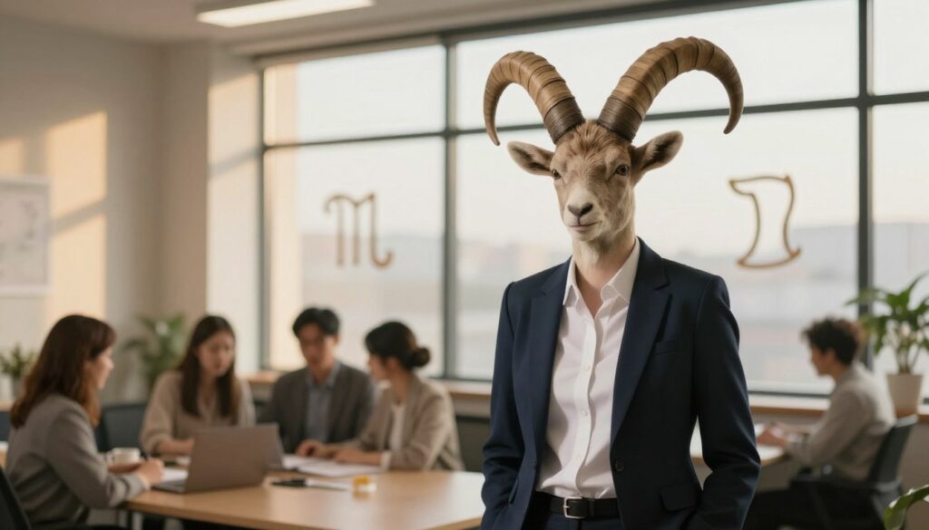 A serene and harmonious scene depicting a Capricorn (koziorożec) in a professional setting, symbolizing compatibility with other zodiac signs. In the foreground, a Capricorn figure, dressed in smart business attire, stands confidently with a gentle smile, embodying loyalty and stability. The middle ground features various zodiac symbol representations, subtly integrated into a warm and inviting office environment, suggesting collaboration and understanding. Background elements include soft, ambient lighting filtering through large windows, casting gentle shadows and creating a calming atmosphere. The image captures the essence of partnership, with a focus on the Capricorn's strong and nurturing traits, while maintaining an overall professional tone. The lens should have a soft focus to enhance the mood without detracting from the subject.