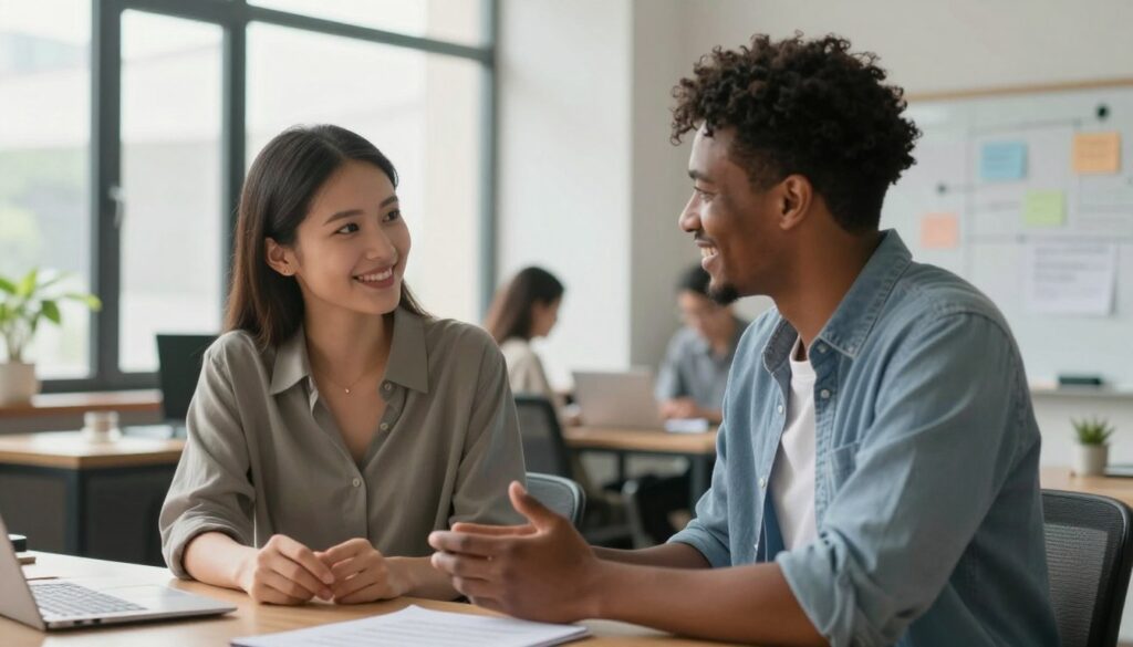 A serene and harmonious scene depicting a healthy relationship dynamic, featuring two diverse individuals in a professional office setting. In the foreground, the couple is engaged in a positive conversation, showcasing body language that indicates openness and respect, such as leaning slightly towards each other with warm smiles. The middle ground reveals an inviting workspace with soft, natural lighting filtering through large windows, casting gentle shadows. The background includes elements that suggest collaboration, like shared documents and a whiteboard with brainstorming notes. The overall atmosphere is calm and supportive, with a balance of colors that evokes a sense of trust and understanding, reinforcing the theme of healthy dynamics versus toxic control.