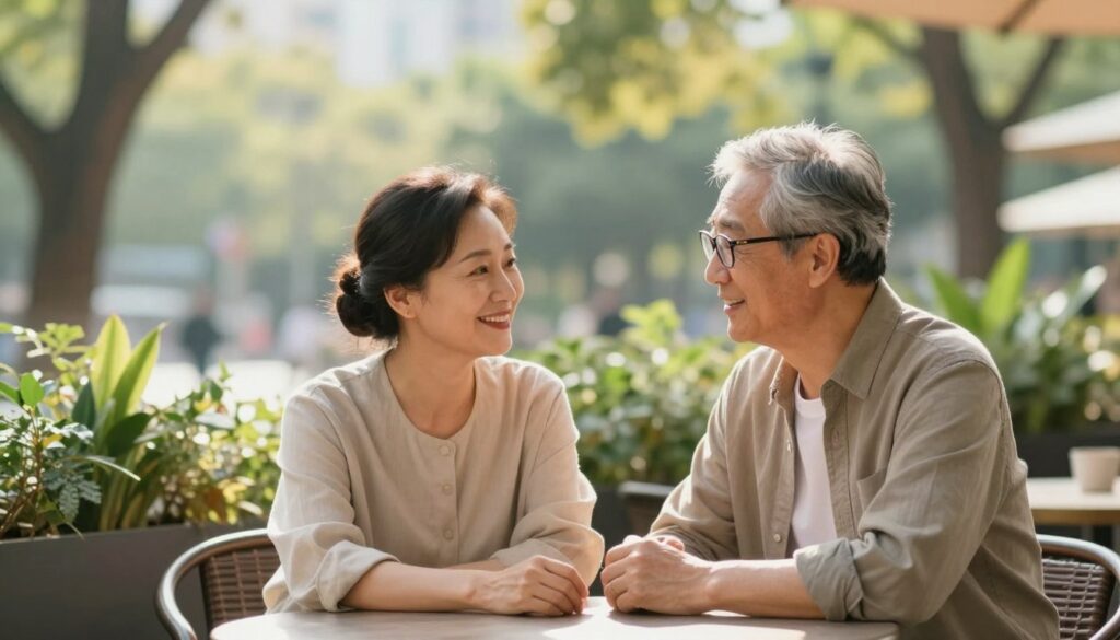 A serene and harmonious scene of a mature couple enjoying life together. In the foreground, a middle-aged man and woman, dressed in smart casual clothing, sit closely at a cozy outdoor café table, sharing a quiet conversation and warm smiles. The woman has dark hair pulled back into a neat bun, while the man, with silver-streaked hair, wears glasses and has a kind expression. In the middle ground, lush greenery surrounds the café, with soft sunlight filtering through the leaves, creating a warm glow. Behind them, a blurred city park adds depth and tranquility. The mood is peaceful and intimate, reflecting companionship, wisdom, and stability in their relationship, emphasizing the advantages of building a life together with a mature partner. The image should have soft, natural lighting and a slightly shallow depth of field for a dreamy effect.
