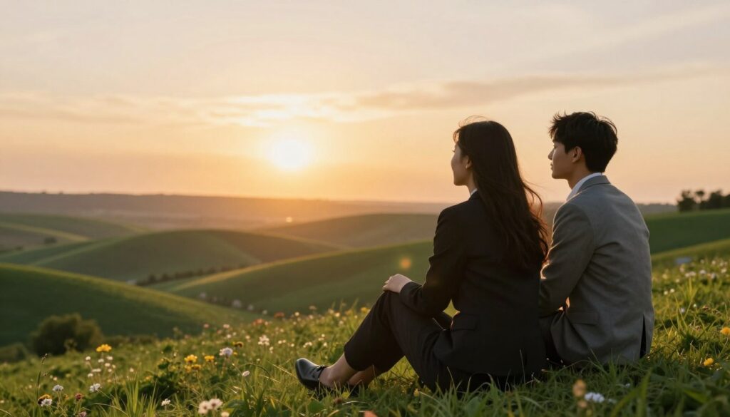 A serene and hopeful scene depicting a young couple sitting together on a lush green hill, overlooking a vibrant sunset. The foreground showcases the couple, dressed in professional business attire, engaged in a deep conversation, symbolizing their strong emotional bond. In the middle ground, gently rolling hills and blooming flowers represent growth and potential. The background features a panoramic view of the horizon, illuminated by warm, golden light, suggesting a bright and lasting future. Soft, diffused lighting enhances the atmosphere of optimism and tranquility, while a lens flare adds a touch of magic to the sunset. This image evokes themes of independence and deep emotional connection, ideal for illustrating the potential of their relationship.