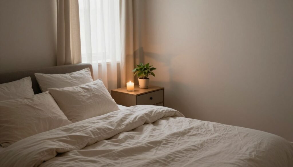 A serene and intimate bedroom scene that embodies the concept of conscious dominance. In the foreground, a well-furnished bed with neatly arranged pillows and a luxurious duvet, emphasizing comfort and safety. In the middle, a stylish bedside table with a lit candle and a small potted plant, symbolizing nurturing and trust. The background features softly draped curtains allowing gentle, diffused natural light to fill the room, creating a warm and inviting atmosphere. The walls are painted in calming, neutral tones, enhancing the feeling of security and openness. The overall mood is one of mutual respect and understanding, where dominance is portrayed as a gentle guiding force rather than control. Focus on soft lighting, shot from a slightly elevated angle, to emphasize the peaceful ambiance.