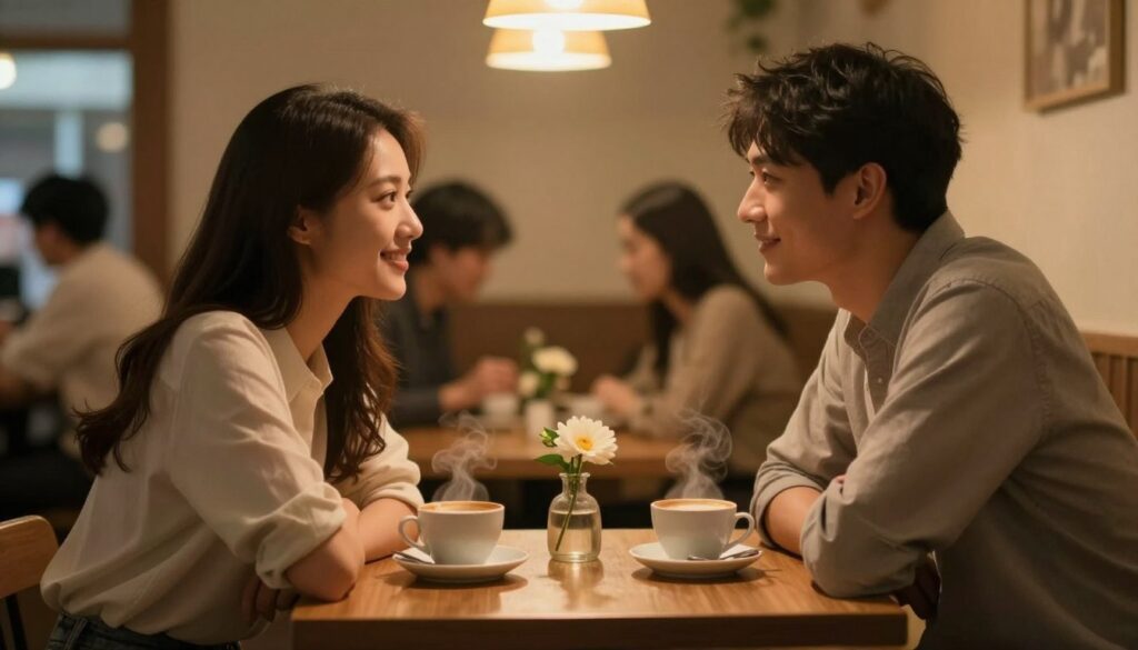 A serene and intimate gathering in a warmly lit café setting, focusing on two individuals engaged in a heartfelt conversation. In the foreground, a woman and a man, both dressed in modest casual clothing, lean towards each other, sharing smiles and making eye contact that conveys connection and trust. The middle ground features a table adorned with two steaming cups of coffee and a small vase with a flower, symbolizing growth and affection. In the background, soft ambient lighting casts a warm glow, with blurred silhouettes of other patrons, creating a cozy atmosphere. The overall mood is romantic and introspective, inviting viewers to reflect on emotional engagement and partnership signals in relationships.