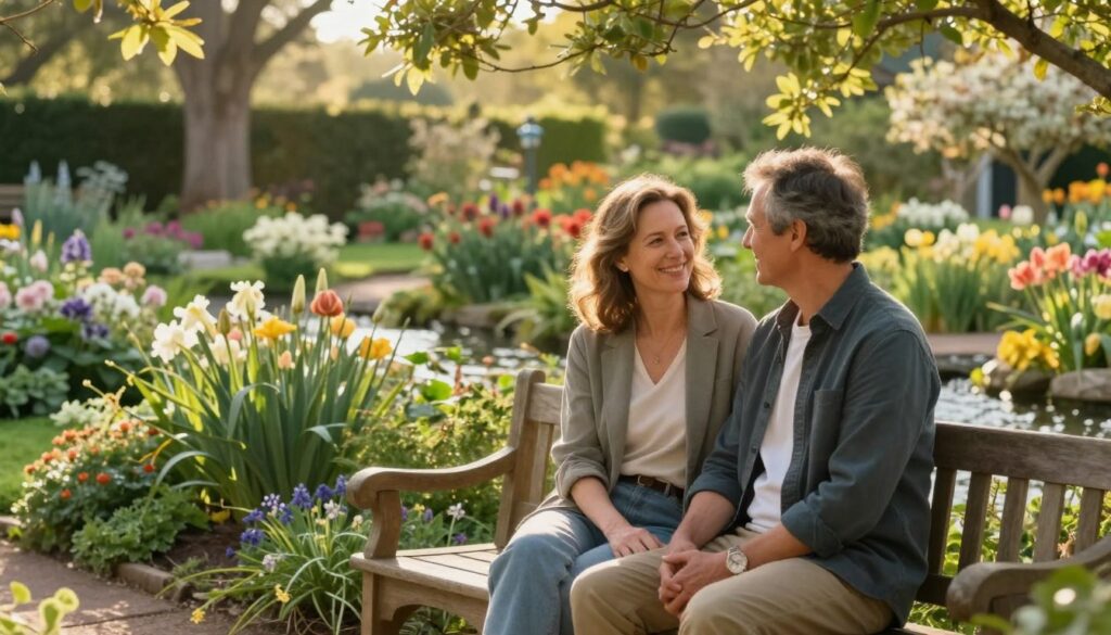 A serene and intimate scene capturing a couple in a lush garden, symbolizing a complete relationship at the peak of commitment. In the foreground, a man and a woman, dressed in smart casual attire, sit closely on a wooden bench. They share a warm smile, reflecting understanding and deep connection. The middle ground features blossoming flowers, vibrant greenery, and soft sunlight filtering through the leaves, creating an enchanting atmosphere. In the background, a gentle stream flows, adding a sense of tranquility. The lighting is soft and golden, suggesting the warmth of late afternoon, evoking feelings of love, maturity, and harmony in a relationship. The overall mood is peaceful, highlighting the beauty of commitment and the journey of love. A serene and intimate scene capturing a couple in a lush garden, symbolizing a complete relationship at the peak of commitment. In the foreground, a man and a woman, dressed in smart casual attire, sit closely on a wooden bench. They share a warm smile, reflecting understanding and deep connection. The middle ground features blossoming flowers, vibrant greenery, and soft sunlight filtering through the leaves, creating an enchanting atmosphere. In the background, a gentle stream flows, adding a sense of tranquility. The lighting is soft and golden, suggesting the warmth of late afternoon, evoking feelings of love, maturity, and harmony in a relationship. The overall mood is peaceful, highlighting the beauty of commitment and the journey of love.
