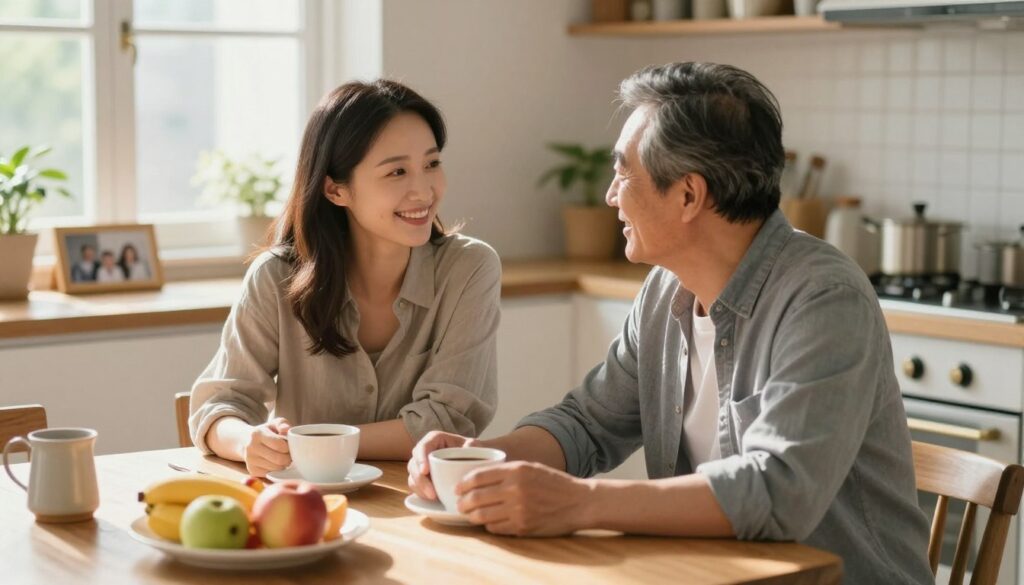 A serene and intimate scene depicting a relationship between a woman in her 30s and a man in his 50s, seated together at a cozy kitchen table, enjoying breakfast. The woman, dressed in casual but stylish clothing, smiles warmly at the man, who wears a smart-casual outfit. Sunlight pours through a window, casting a gentle glow and creating a warm atmosphere. In the foreground, a plate of fresh fruit and coffee cups are visible, symbolizing shared moments. In the background, soft-focus images of family photos and plants add depth and homeliness. The overall mood is relaxed and nurturing, capturing the essence of their everyday life together. The angle is slightly elevated, providing a balanced view of their connection.