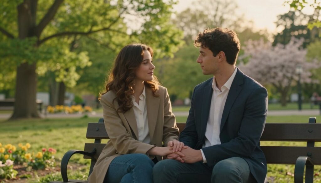 A serene and intimate scene depicting the concept of loyalty in a romantic relationship. In the foreground, a couple, dressed in smart casual clothing, is sitting closely together on a park bench, their hands gently intertwined. Their expressions convey trust and understanding as they share an unspoken bond. In the middle ground, vibrant green trees and blooming flowers represent growth and harmony, symbolizing the nurturing aspect of loyalty. The background features a soft-focus park landscape under golden hour lighting, casting a warm glow across the scene. The overall mood is peaceful and reflective, evoking a sense of commitment and connection, inviting viewers to contemplate the deeper meaning of loyalty beyond mere fidelity and promises.