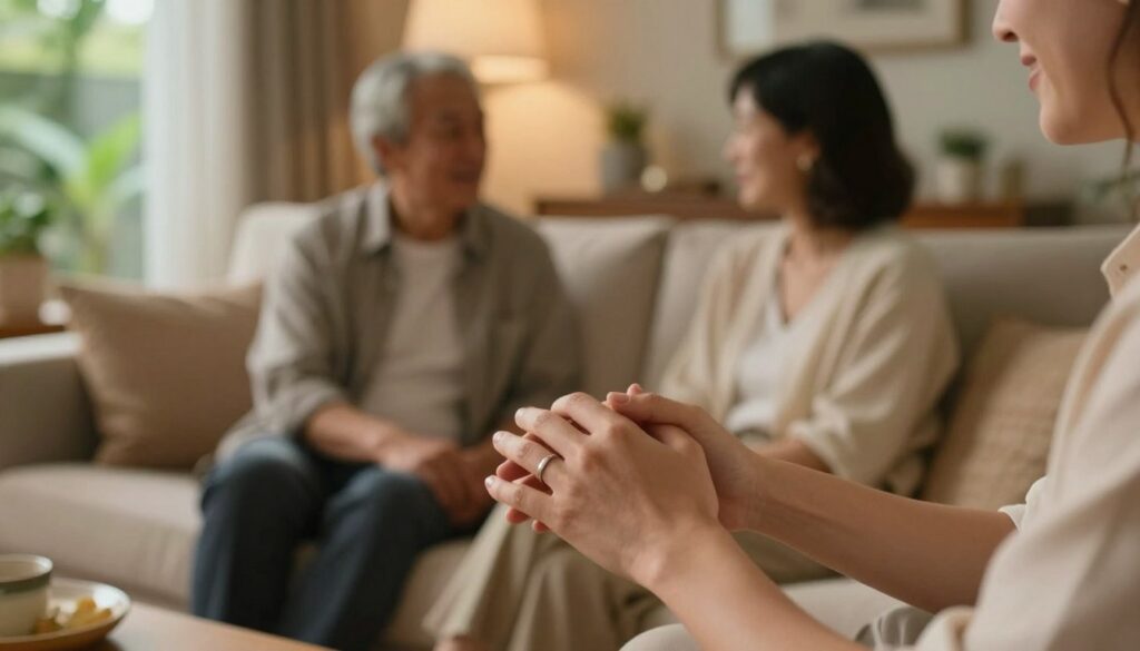 A serene and intimate scene depicting the essence of trust in a relationship. In the foreground, a close-up of two hands gently clasped together, symbolizing unity and support, with wedding rings subtly visible. The middle ground features a cozy, softly-lit living room with a couple seated on a comfortable couch, engaged in a heartfelt conversation. The couple is dressed in modest, casual attire, exuding warmth and connection. The background includes a warm, inviting setting with soft ambient lighting, perhaps with a view of a lush garden through a window, suggesting a safe and nurturing environment. The overall mood is peaceful and reflective, emphasizing the importance of trust as a foundation for lasting relationships, captured with a soft-focus lens to enhance emotional depth.