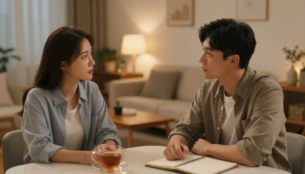 A serene and intimate setting depicting a couple preparing for a heartfelt conversation. In the foreground, a man and a woman sit at a cozy dining table, both dressed in smart casual attire, displaying a thoughtful and serious expression. They are surrounded by a softly lit room with warm, ambient lighting, enhancing the mood of reflection and sincerity. In the middle, a few personal items such as a cup of tea and a notepad lie on the table, symbolizing their focus on communication. The background features a softly blurred, inviting living room with comfortable furniture, creating an atmosphere of safety and understanding. Capture the moment with a soft focus and gentle lighting to convey the depth of their emotions while ensuring a calm and respectful ambiance. A serene and intimate setting depicting a couple preparing for a heartfelt conversation. In the foreground, a man and a woman sit at a cozy dining table, both dressed in smart casual attire, displaying a thoughtful and serious expression. They are surrounded by a softly lit room with warm, ambient lighting, enhancing the mood of reflection and sincerity. In the middle, a few personal items such as a cup of tea and a notepad lie on the table, symbolizing their focus on communication. The background features a softly blurred, inviting living room with comfortable furniture, creating an atmosphere of safety and understanding. Capture the moment with a soft focus and gentle lighting to convey the depth of their emotions while ensuring a calm and respectful ambiance.