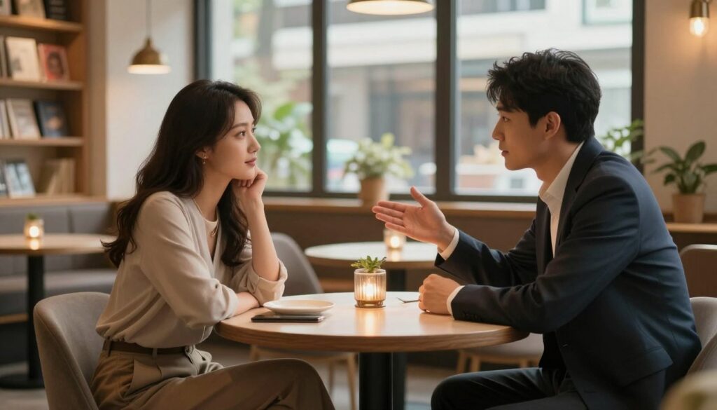 A serene and intimate setting featuring two individuals engaged in deep, meaningful conversation about values and future aspirations. In the foreground, a man and a woman are seated comfortably across from each other at a small, elegantly arranged table with warm, soft lighting. The woman, dressed in a modest, stylish outfit, leans slightly forward, showing earnest interest, while the man, in smart business attire, gestures thoughtfully as he shares his views. In the middle ground, a cozy cafe ambiance surrounds them, with bookshelves filled with inspiring literature and gentle decorations. The background features large windows letting in soft, natural light, creating a calming atmosphere. The overall mood is reflective and intimate, conveying a sense of connection and understanding. A serene and intimate setting featuring two individuals engaged in deep, meaningful conversation about values and future aspirations. In the foreground, a man and a woman are seated comfortably across from each other at a small, elegantly arranged table with warm, soft lighting. The woman, dressed in a modest, stylish outfit, leans slightly forward, showing earnest interest, while the man, in smart business attire, gestures thoughtfully as he shares his views. In the middle ground, a cozy cafe ambiance surrounds them, with bookshelves filled with inspiring literature and gentle decorations. The background features large windows letting in soft, natural light, creating a calming atmosphere. The overall mood is reflective and intimate, conveying a sense of connection and understanding.