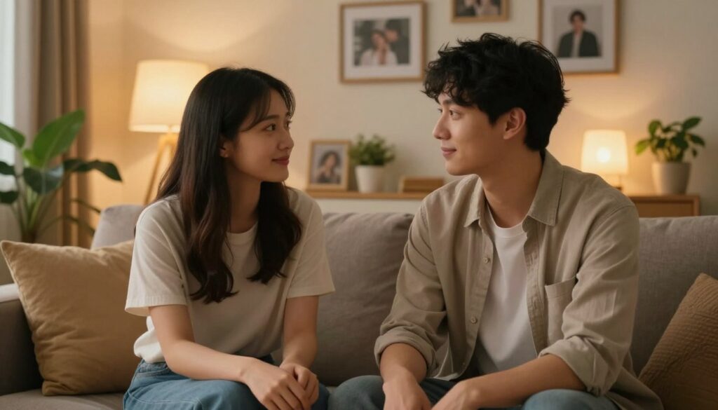 A serene and intimate setting for a couple discussing their feelings and future. In the foreground, two individuals, a man and a woman, are seated close together on a comfortable sofa, both dressed in modest casual clothing. Their body language reflects openness and attention, with soft smiles as they gaze into each other's eyes. In the middle ground, a softly lit room showcases warm-toned decor, with cushions and plants creating a cozy atmosphere. The background features soft lighting, a warm glow from table lamps, and framed personal photos on the walls, evoking a sense of safety and connection. The overall mood is intimate and heartfelt, with a focus on emotional connection, encouraging communication about intimacy and sexuality in a loving partnership. A serene and intimate setting for a couple discussing their feelings and future. In the foreground, two individuals, a man and a woman, are seated close together on a comfortable sofa, both dressed in modest casual clothing. Their body language reflects openness and attention, with soft smiles as they gaze into each other's eyes. In the middle ground, a softly lit room showcases warm-toned decor, with cushions and plants creating a cozy atmosphere. The background features soft lighting, a warm glow from table lamps, and framed personal photos on the walls, evoking a sense of safety and connection. The overall mood is intimate and heartfelt, with a focus on emotional connection, encouraging communication about intimacy and sexuality in a loving partnership.