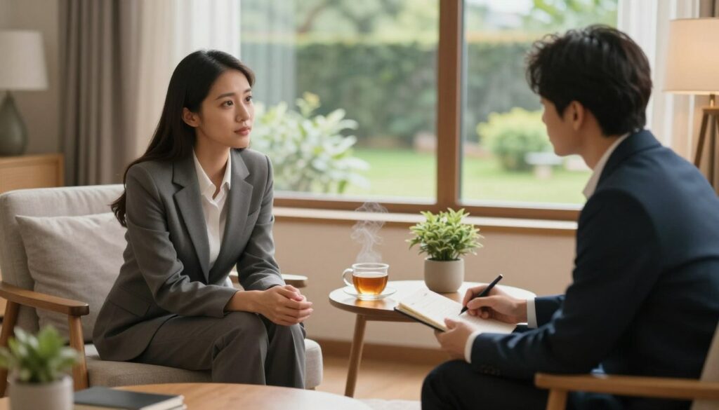 A serene and intimate setting for a heartfelt conversation, featuring a cozy living room with warm, soft lighting. In the foreground, two individuals sit across from each other on comfortable chairs, both in professional business attire—one person slightly leaning forward with an open, attentive expression, while the other holds a notebook, ready to engage. The middle ground shows a small coffee table between them, adorned with a steaming cup of tea and a plant for a touch of life. In the background, a softly lit window reveals a peaceful garden, enhancing the atmosphere of tranquility and openness. The overall mood conveys a sense of trust and sincerity, inviting deep conversation about feelings and future aspirations, captured with a soft focus lens to emphasize their connection. A serene and intimate setting for a heartfelt conversation, featuring a cozy living room with warm, soft lighting. In the foreground, two individuals sit across from each other on comfortable chairs, both in professional business attire—one person slightly leaning forward with an open, attentive expression, while the other holds a notebook, ready to engage. The middle ground shows a small coffee table between them, adorned with a steaming cup of tea and a plant for a touch of life. In the background, a softly lit window reveals a peaceful garden, enhancing the atmosphere of tranquility and openness. The overall mood conveys a sense of trust and sincerity, inviting deep conversation about feelings and future aspirations, captured with a soft focus lens to emphasize their connection.