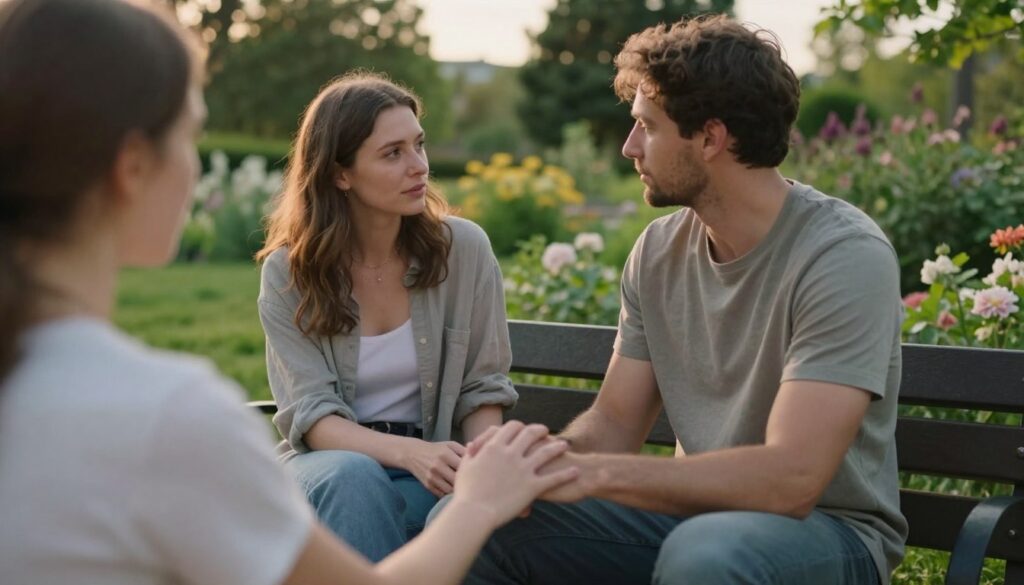 A serene and intimate setting for rebuilding trust after betrayal, featuring a couple sitting together on a park bench in a tranquil, lush garden. The foreground showcases their hands gently touching, symbolizing connection and reassurance. In the middle ground, the couple, dressed in modest casual clothing, expresses a heartfelt conversation, their faces reflecting a mix of vulnerability and determination. The background features soft-focus greenery and blooming flowers, creating a calm and hopeful atmosphere. Warm, natural lighting from a late afternoon sun enhances the scene, filling it with a gentle glow. The overall mood is one of healing, intimacy, and the gradual restoration of safety and trust. A serene and intimate setting for rebuilding trust after betrayal, featuring a couple sitting together on a park bench in a tranquil, lush garden. The foreground showcases their hands gently touching, symbolizing connection and reassurance. In the middle ground, the couple, dressed in modest casual clothing, expresses a heartfelt conversation, their faces reflecting a mix of vulnerability and determination. The background features soft-focus greenery and blooming flowers, creating a calm and hopeful atmosphere. Warm, natural lighting from a late afternoon sun enhances the scene, filling it with a gentle glow. The overall mood is one of healing, intimacy, and the gradual restoration of safety and trust.