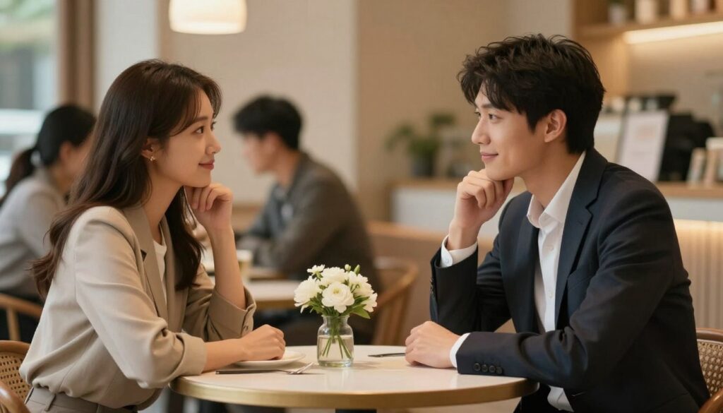 A serene and intimate setting illustrating the concept of "white lies" in everyday life. In the foreground, a thoughtful couple sits at a cozy café table, sharing a warm conversation with subtle smiles, dressed in professional attire that reflects trust and respect. The middle ground features a small bouquet of white flowers on the table, symbolizing purity and innocence. In the background, soft lighting casts a gentle glow, enhancing the warm atmosphere, while blurred café patrons interact in the soft-focus, creating an inviting ambiance. The overall mood should be calm and reflective, capturing the delicate balance of honesty and deception in relationships, emphasizing the close, trusting bond between the couple.