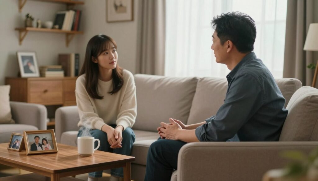 A serene and introspective scene depicting a father and adult child engaged in a heartfelt conversation in a cozy living room. The foreground features the father, a middle-aged man in smart casual attire, sitting on a plush, inviting armchair, facing his adult child, a young woman dressed in a modest sweater and jeans. Their expressions reflect deep connection and understanding. In the middle ground, a warm wooden coffee table holds a steaming mug and a few family photos. The background showcases soft shelves with books and personal mementos, illuminated by gentle, natural light coming through a large window, creating a nostalgic and contemplative atmosphere. The image conveys the importance of father-child relationships and their impact on adult life. A serene and introspective scene depicting a father and adult child engaged in a heartfelt conversation in a cozy living room. The foreground features the father, a middle-aged man in smart casual attire, sitting on a plush, inviting armchair, facing his adult child, a young woman dressed in a modest sweater and jeans. Their expressions reflect deep connection and understanding. In the middle ground, a warm wooden coffee table holds a steaming mug and a few family photos. The background showcases soft shelves with books and personal mementos, illuminated by gentle, natural light coming through a large window, creating a nostalgic and contemplative atmosphere. The image conveys the importance of father-child relationships and their impact on adult life.