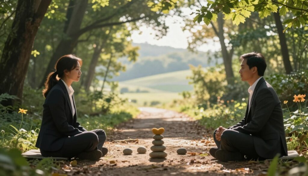 A serene and introspective scene depicting a spiritual journey, featuring two individuals in professional business attire, sitting on a tranquil path that leads through a lush forest. In the foreground, soft sunlight filters through the leaves, casting golden rays that illuminate their thoughtful expressions. In the middle ground, the path is lined with symbolic elements like small stones representing emotional milestones, and flowers symbolizing values such as love and compassion. The background reveals a hazy, inviting landscape with gentle hills and a soft, ethereal glow, enhancing the mood of reflection and connection. The overall atmosphere is calm and contemplative, emphasizing the theme of a spiritual relationship free from physical intimacy.