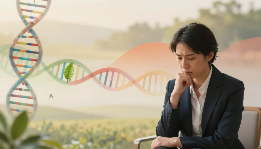 A serene and introspective scene depicting the emotional sensitivity of individuals influenced by genetic and environmental factors. In the foreground, a person in professional business attire sits with a thoughtful expression, surrounded by delicate images of DNA strands and nature elements like leaves and water droplets, symbolizing their genetic and environmental roots. The middle layer showcases a gentle blend of colorful abstract shapes, representing emotions and mental states, gradually merging into soft, blurred outlines of serene landscapes in the background, suggesting harmony and connection. The lighting is soft and warm, creating an inviting atmosphere. The overall mood is reflective and contemplative, conveying the complexities of emotional sensitivity without any text or distractions.