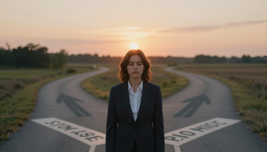 A serene and introspective scene depicting the theme of safely ending a toxic relationship. In the foreground, a person in professional attire, looking contemplative and calm, stands at a crossroads with a gentle expression, symbolizing empowerment. In the middle ground, there are two diverging paths lined with metaphorical shadows, representing the choice of moving away from toxicity. The background features a soft, blurred sunset, casting warm light that symbolizes hope and new beginnings. The atmosphere conveys a sense of peace and liberation, with gentle, natural lighting creating an inviting and reflective mood. The composition encourages a thoughtful reflection on personal growth and the importance of safe transitions in relationships.